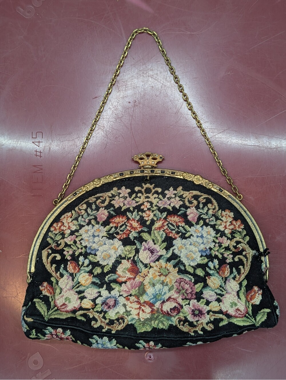 Antique 1920s Micro Petit Point Floral Purse Jeweled Crown Frame Evening Bag